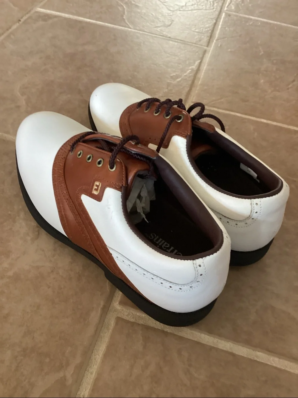 Foot Joy Soft Joys Terrain men’s Oxford golf shoes brown and white. Size 9